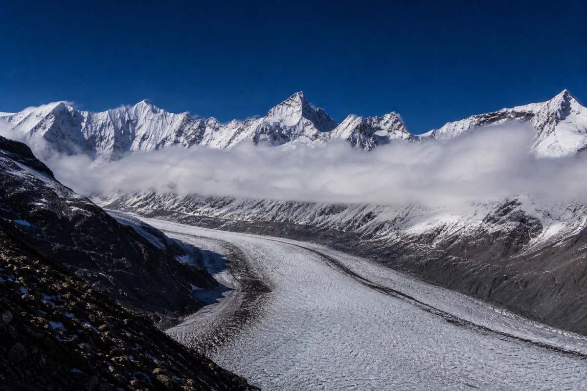 Glaciated peaks above the Jungfrau region of the Swiss Alps on a clear morning