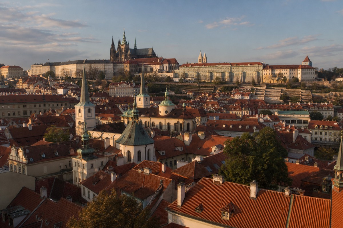 Red-tiled rooftops and church spires across the Old Town of Prague