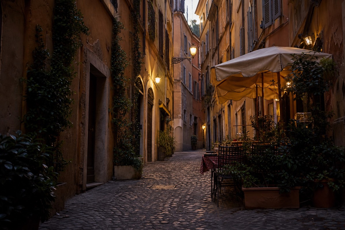 A cobbled street in central Rome, where the rail route begins