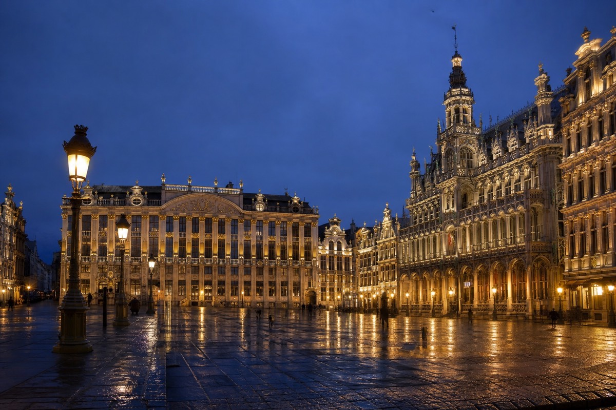 A city square at blue hour, when the guided day is usually over