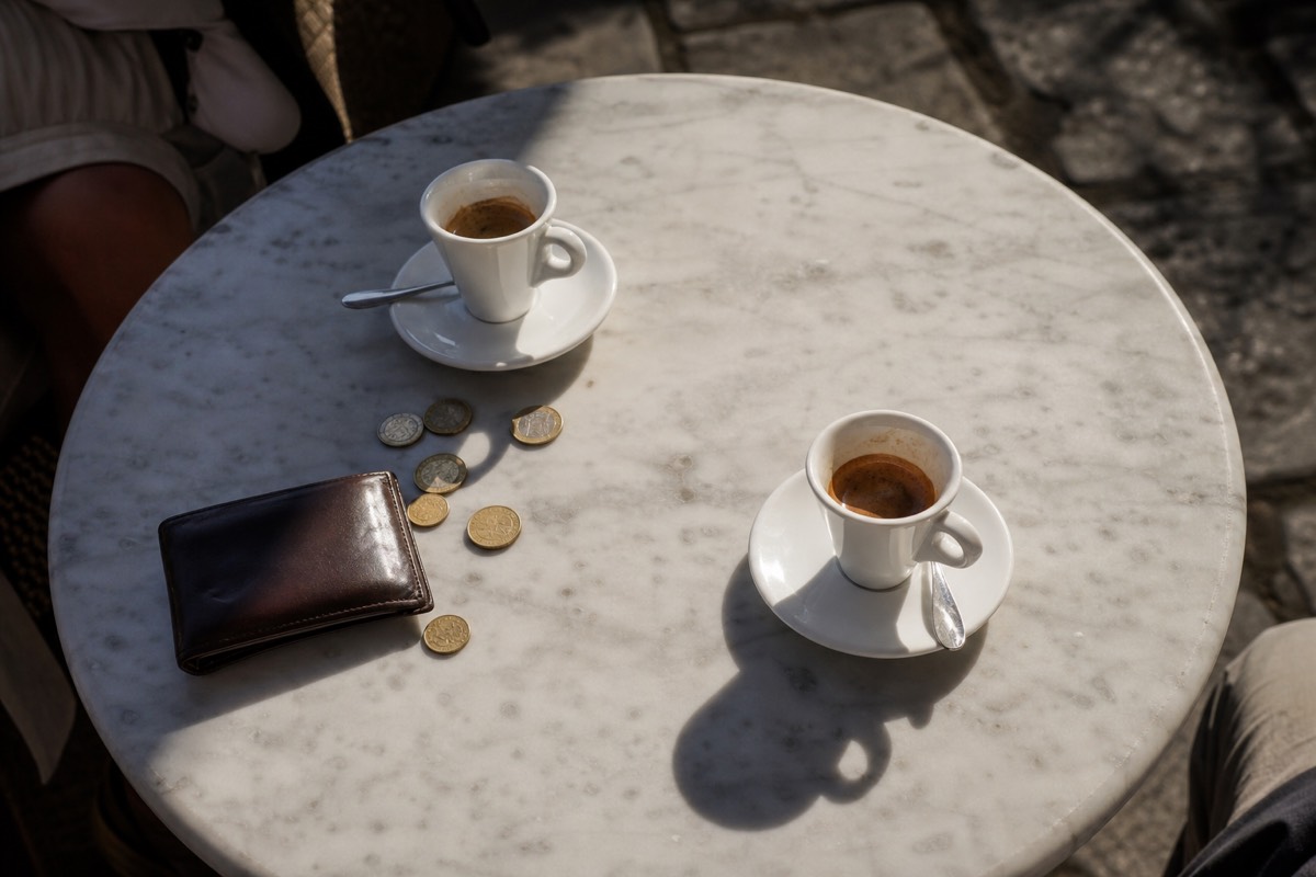 Coins and small notes beside an espresso cup on a marble European cafe table