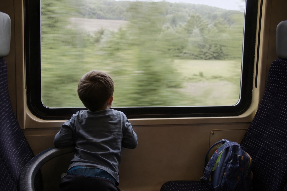 A child watching the countryside go past on a train leg