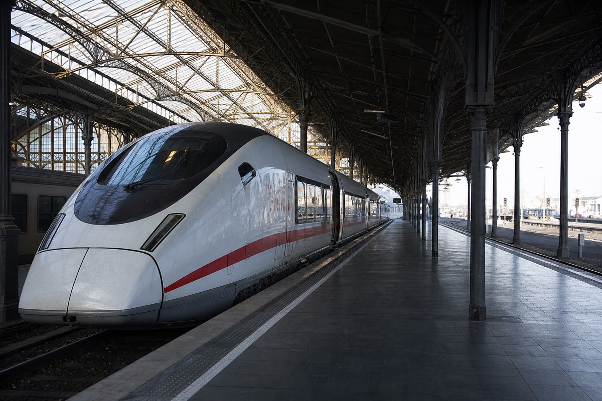 Travelers waiting beside a high-speed train at a European station platform