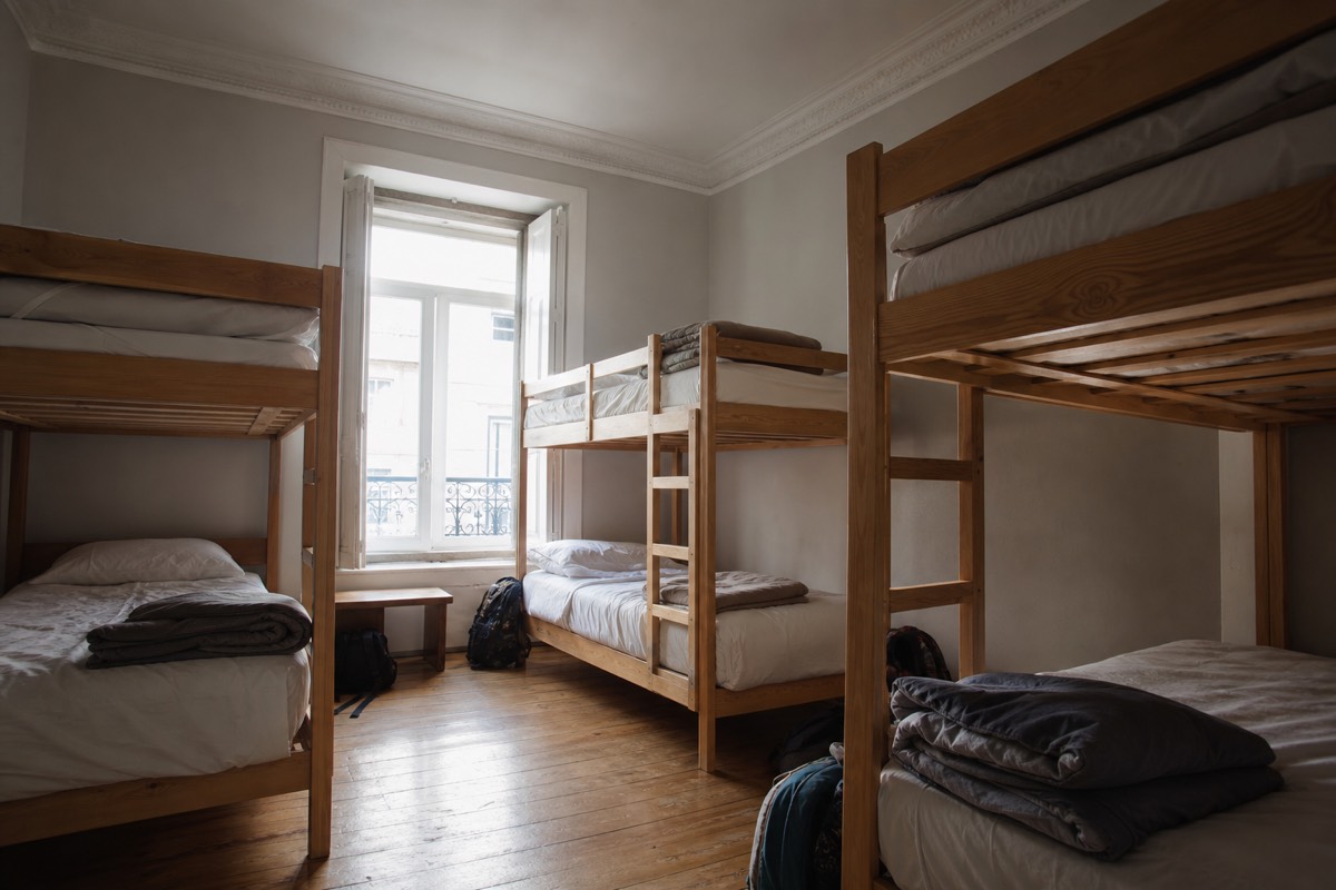 Bunk beds in a shared hostel dormitory used by budget European tour routes
