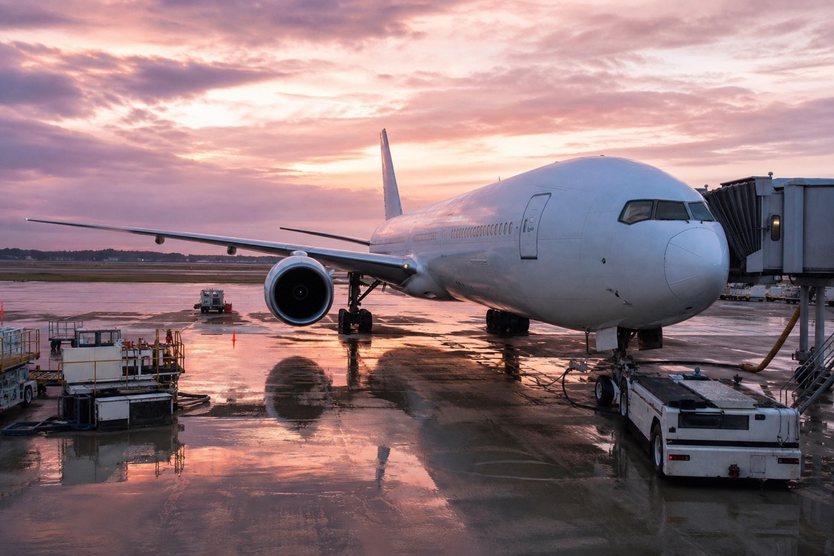 A long-haul airliner parked at a terminal gate at dawn before a transatlantic departure to Europe