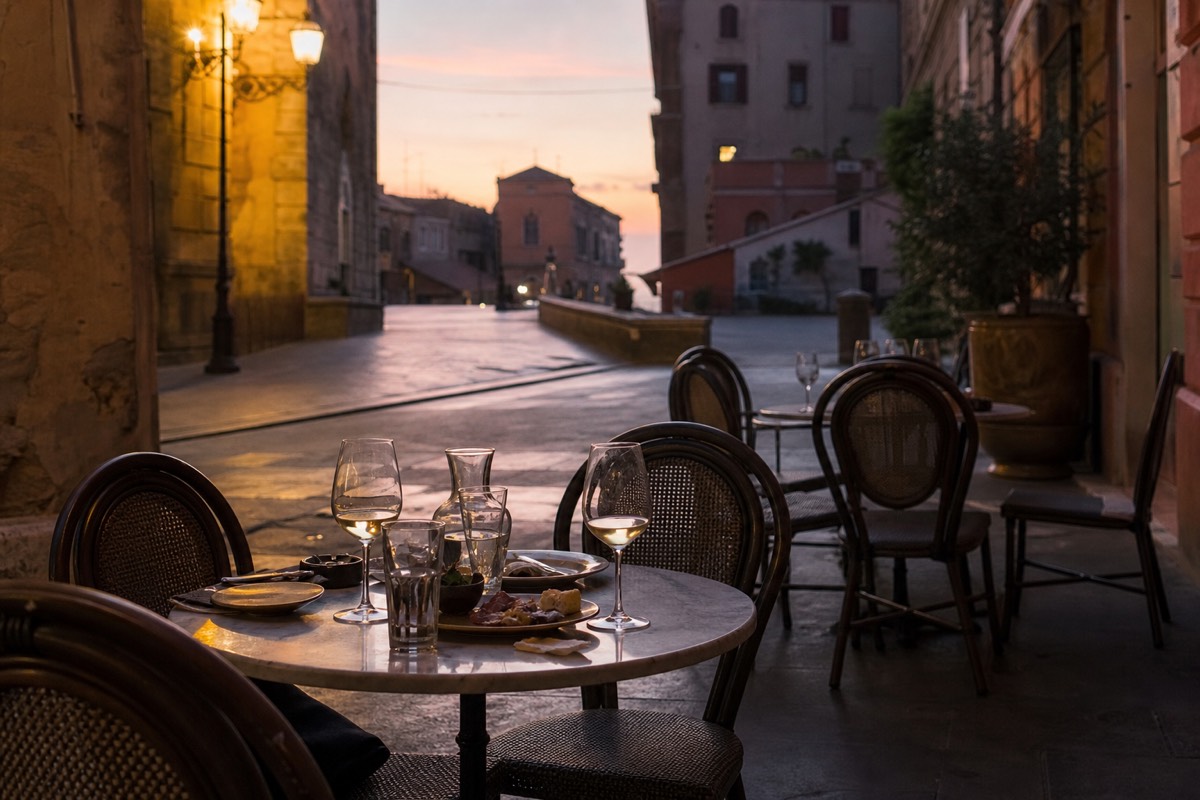Outdoor cafe tables lit by warm lamps on a European street in the evening